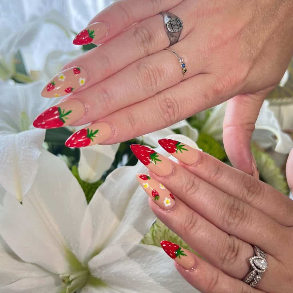 Discover charming strawberry nail designs such as strawberry shortcake and strawberry glazed donut styles. Opt for press-on nails for effortless application.