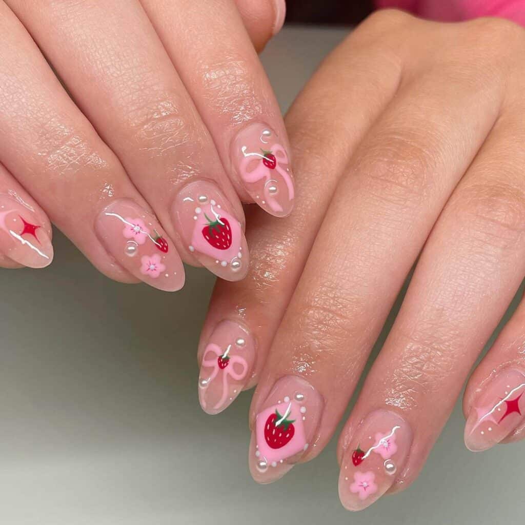 Discover charming strawberry nail designs such as strawberry shortcake and strawberry glazed donut styles. Opt for press-on nails for effortless application.