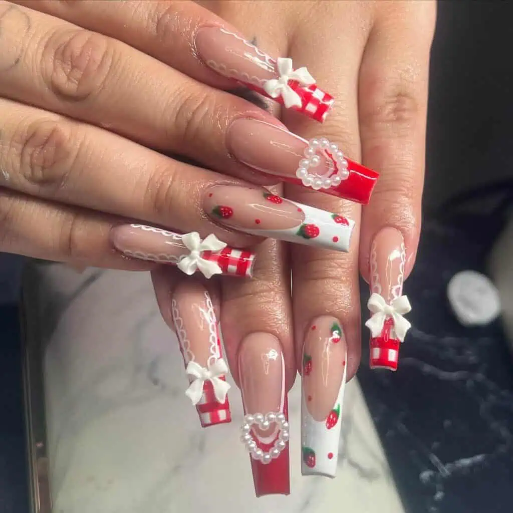 Discover charming strawberry nail designs such as strawberry shortcake and strawberry glazed donut styles. Opt for press-on nails for effortless application.