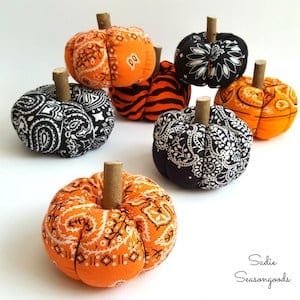 13 vintage orange black bandanas to repurpose upcycle into fabric pumpkins for Halloween by Sadie Seasongoods