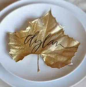 gold painted Maple Leaf Thanksgiving Table Place Cards 