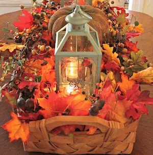 Fall Harvest Centerpiece in wicker basket dining room table decor idea