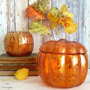 Fall home decor with alcohol ink painting on glass pumpkins with alcohol paint as an autumn craft by Sadie Seasongoods