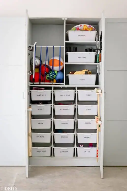 Garage Toy organization idea using dresser and bins