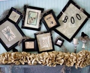 Vintage Halloween Mantel with burlap garland and picture frames