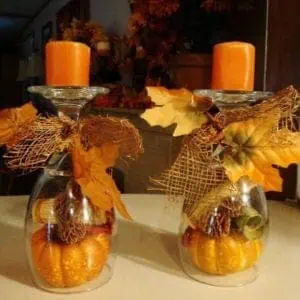 Fall Wine Glass Centerpiece with mini pumpkins and fall picks