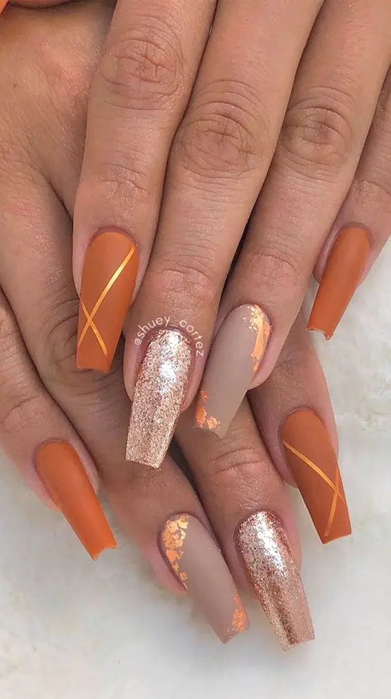 22 Trendy Fall Nail Design Ideas : Burnt orange & metallic gold - Rustic Orange Nail Ideas